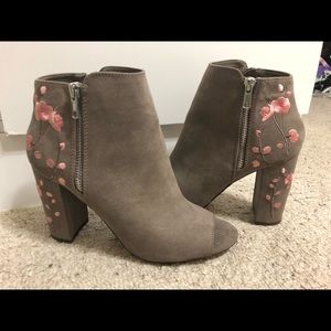 Very worn. Beautiful floral peep toed ankle boots